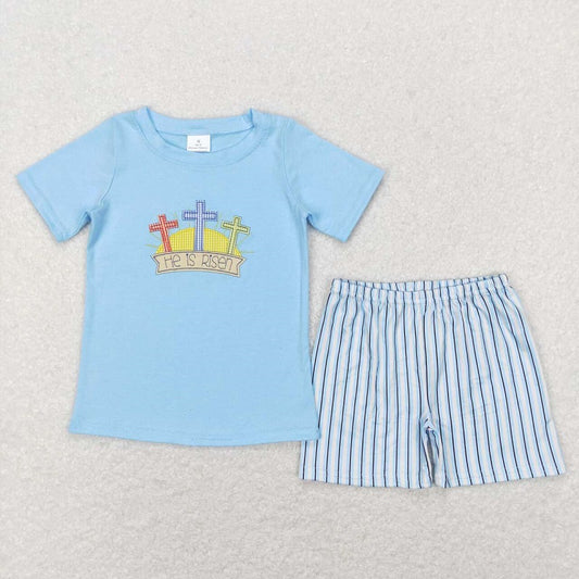 BSSO0356 Cross blue short sleeve striped shorts suit