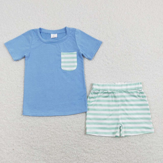 BSSO0366 Green and white striped pocket blue short -sleeved shorts suit