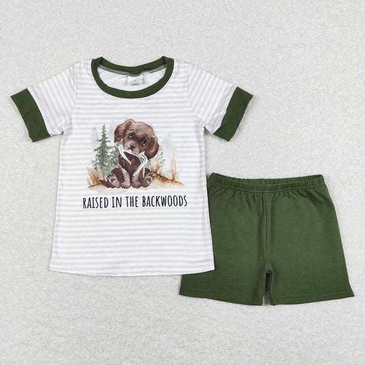 BSSO0376 Puppy Striped Short Sleeve Green Shorts Set
