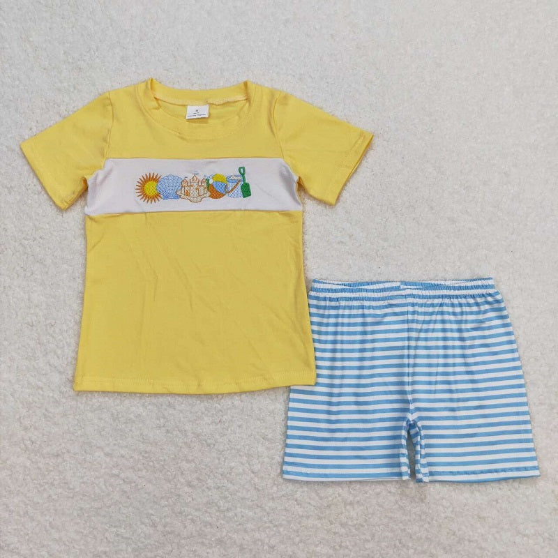 BSSO0397 Embroidery Shell Castle Beach Ball Yellow Short Sleeve Blue and White Striped Shorts Set