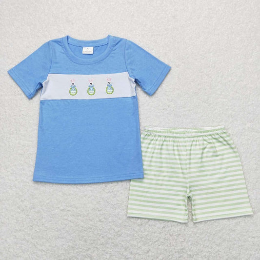 BSSO0398 Embroidered bow Easter egg rabbit blue short-sleeved green and white striped shorts suit