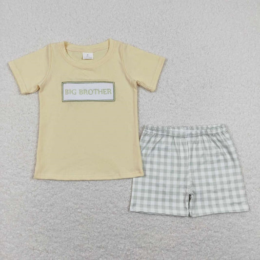 BSSO0403 Embroidered letter yellow short -sleeved green plaid shorts suit