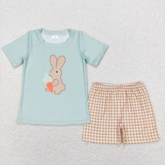 BSSO0407 Rabbit Carrot Teal Short Sleeve Brown Plaid Shorts Suit