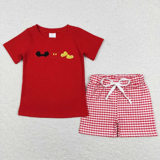 BSSO0416 Embroidery cartoon clothes red short sleeve plaid shorts suit