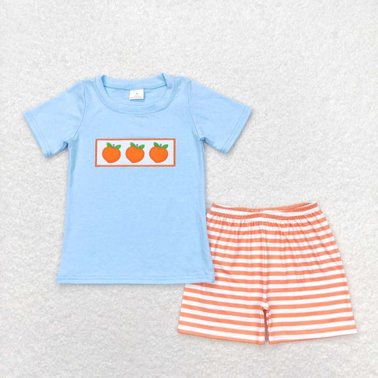 BSSO0417 Embroidered orange blue short sleeve orange and white striped shorts suit