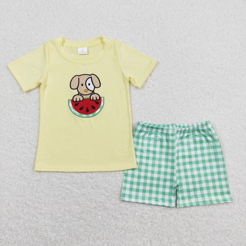BSSO0446 Embroidery Watermelon puppy yellow green and white plaid short-sleeved shorts suit   D 5.6