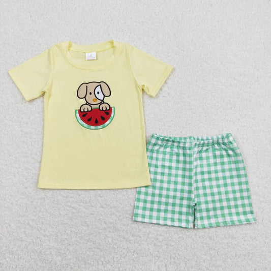 BSSO0446 Embroidery Watermelon puppy yellow green and white plaid short-sleeved shorts suit D 5.6
