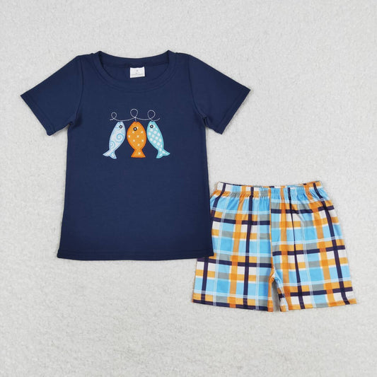 BSSO0465 Embroidered fishing navy blue short-sleeved plaid shorts suit