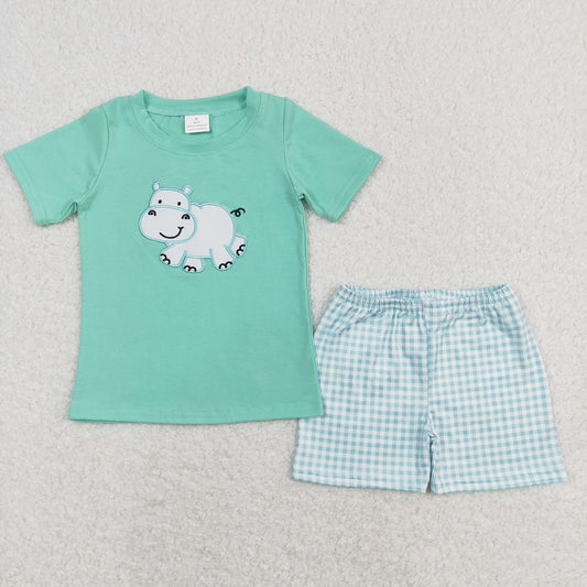 SR0466 Embroidered hippopotamus green short-sleeved blue and white plaid shorts suit