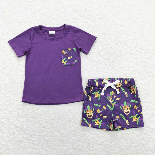 BSSO0467 Carnival Mask Feather Pocket Purple Short Sleeve Shorts Set