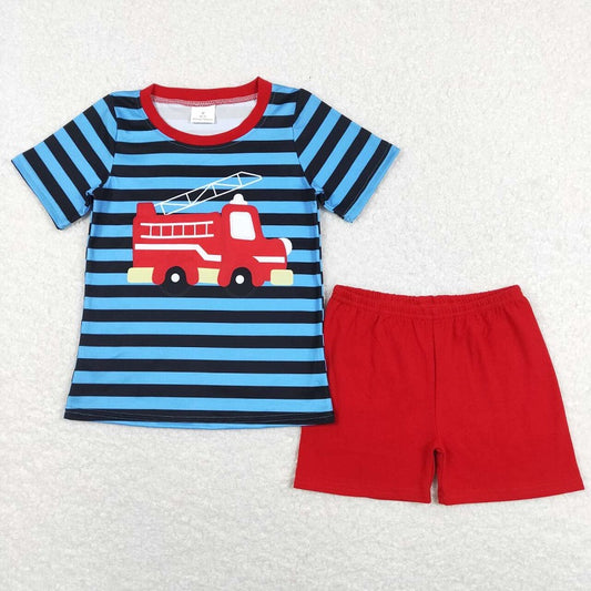 BSSO0469 Fire truck striped blue short sleeve red shorts suit