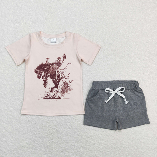 BSSO0476 Baby Boys Western Rodeo Tee Shirts Grey Shorts Summer Clothes Sets
