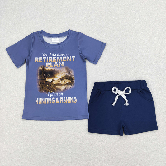 BSSO0478 Baby Boys Retirement Hunting Tee Shirts Navy Shorts Summer Clothes Sets