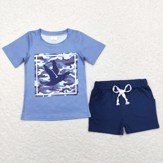 BSSO0479 Duck Camouflage Blue Short Sleeve Navy Blue Pocket Shorts Set
