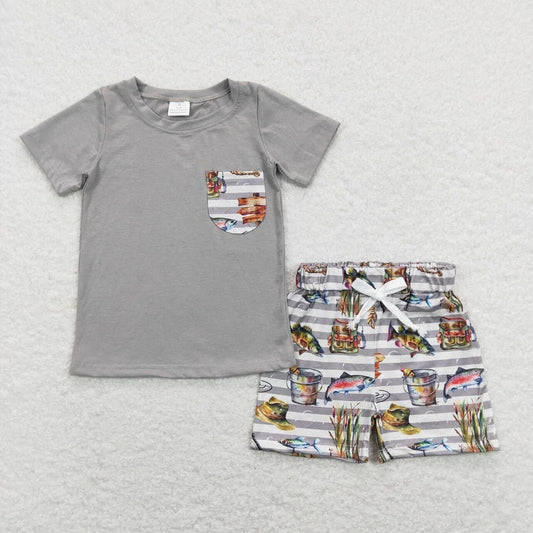 BSSO0481 Fishing Stripe Pocket Gray Short Sleeve Shorts Set
