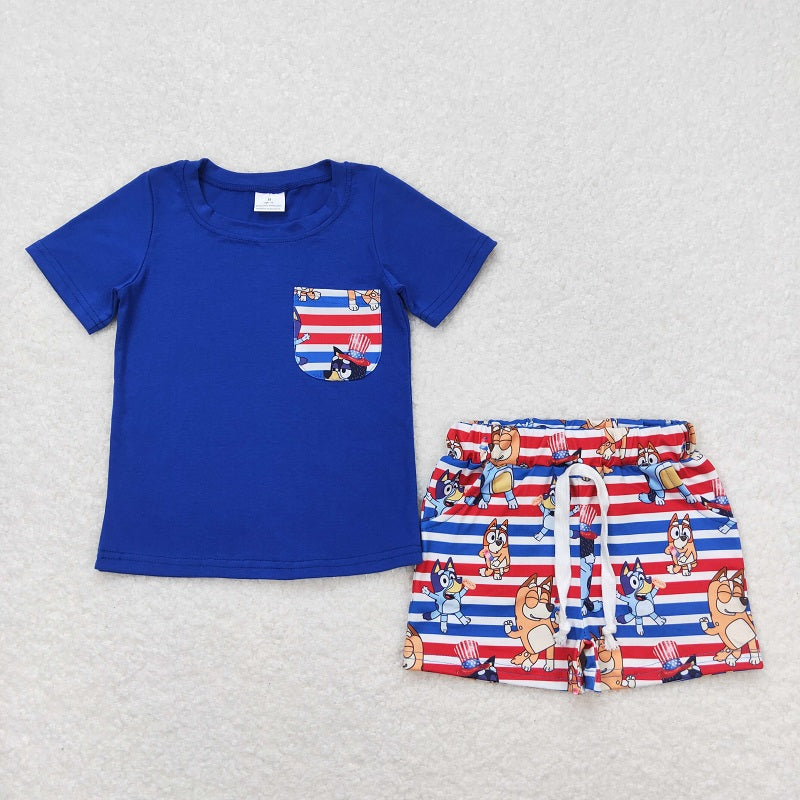 BSSO0513 Pocket short sleeve red and blue striped shorts suit D 4.28