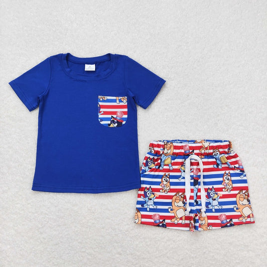 BSSO0513 Pocket short sleeve red and blue striped shorts suit
