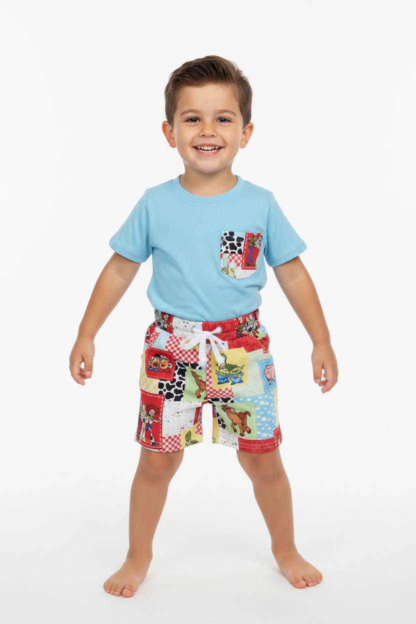 BSSO0535 Cartoon Plaid Pocket Blue Short Sleeve Shorts Suit