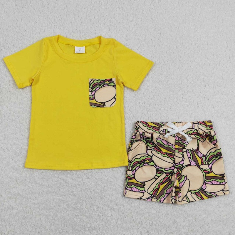 BSSO0547 Hamburger Pocket Yellow Short Sleeve Shorts Set