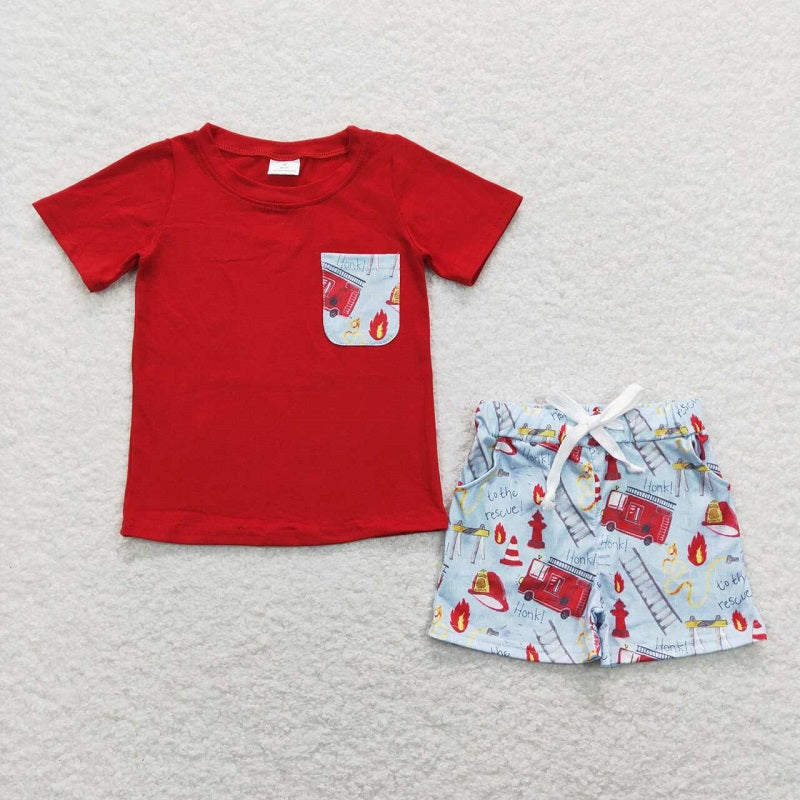 BSSO0557 Fire Truck Pocket Red and Blue Short Sleeve Shorts Set