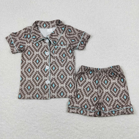 BSSO0560 Geometric brown and gray short-sleeved shorts pajama set