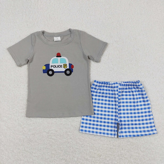 BSSO0566 Embroidered police car gray short-sleeved blue and white plaid shorts suit