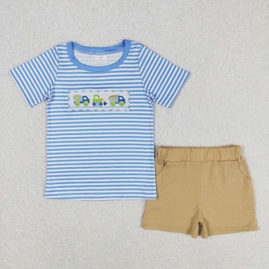BSSO0572 Embroidered engineering vehicle blue and white striped short-sleeved brown shorts suit