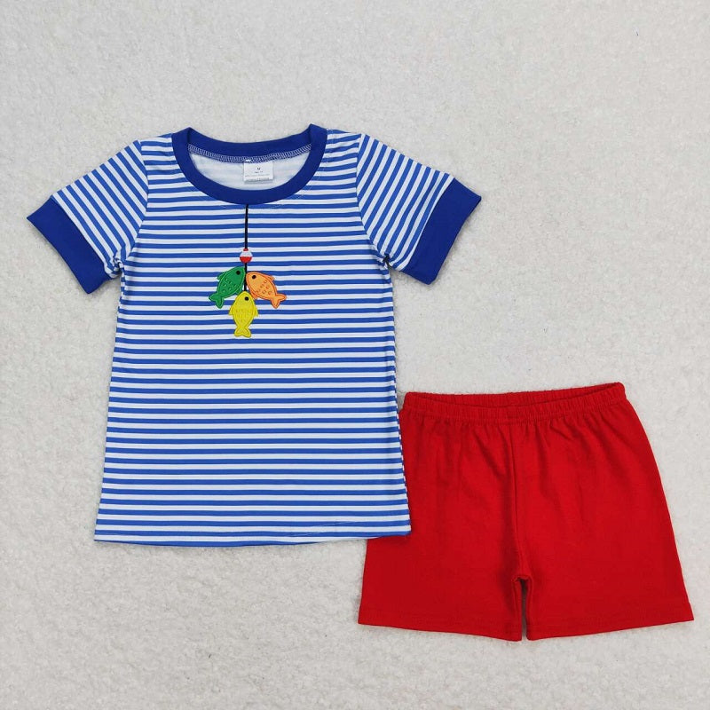 BSSO0588 Embroidered baseball striped short-sleeved red shorts suit