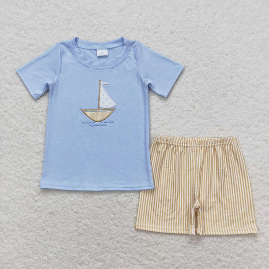 BSSO0602 Embroidered Sailing Blue Short Sleeve Yellow Striped Shorts Set D 4.16