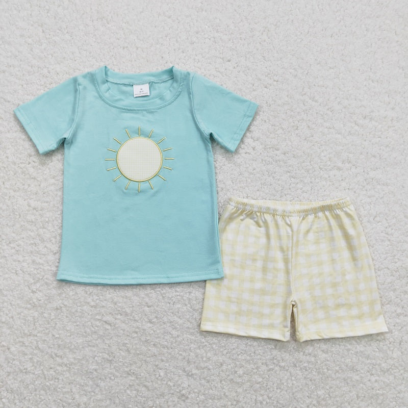 BSSO0614 Embroidery sunny day blue and green short-sleeved yellow and white plaid shorts suit