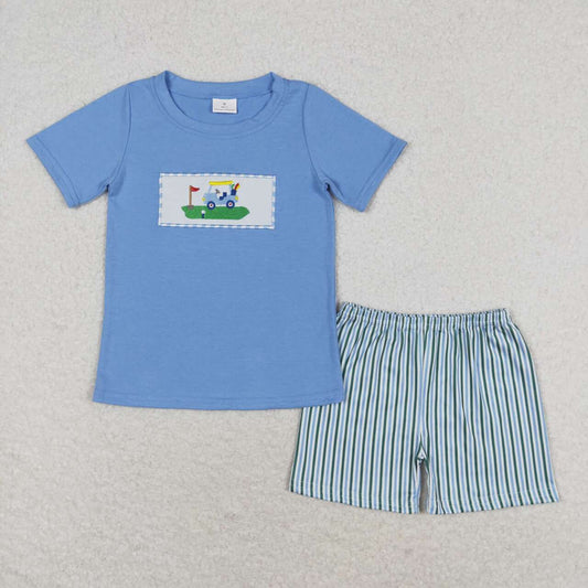 BSSO0616 Embroidered golf cart blue short-sleeved striped shorts suit