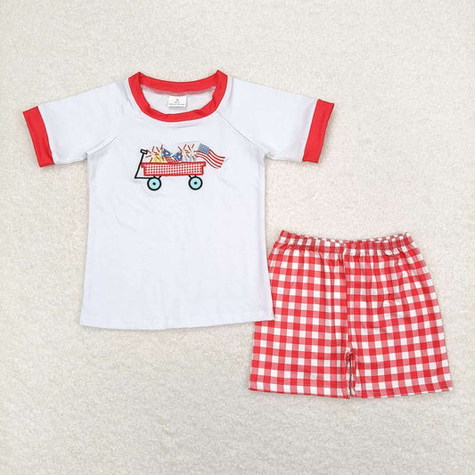 BSSO0618 Embroidery Fireworks Flag Trolley White Short Sleeve Red Plaid Shorts Suit