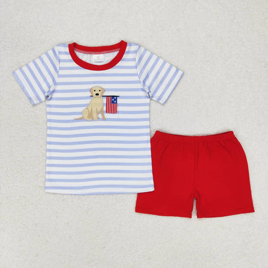 BSSO0619  Embroidered puppy flag striped short-sleeved red shorts suit D4.12