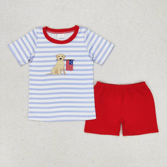 BSSO0619  Embroidered puppy flag striped short-sleeved red shorts suit
