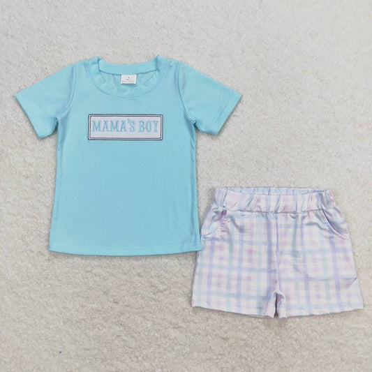 BSSO0624 mama's boy embroidered letter teal short-sleeved colorful plaid shorts suit