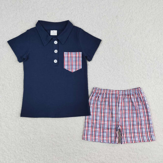 BSSO0628 Red and blue plaid pocket navy blue short-sleeved shorts suit
