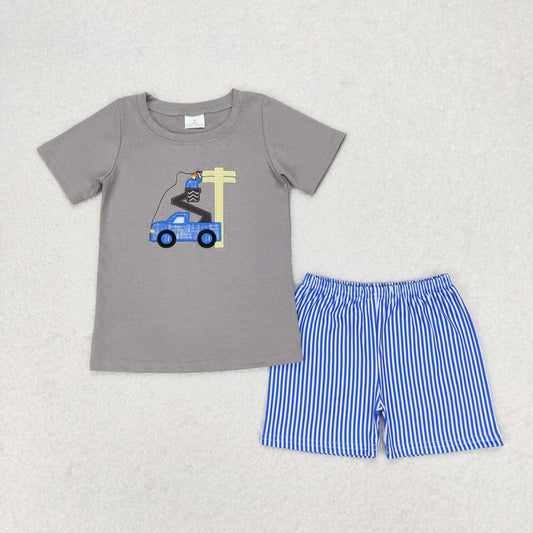 BSSO0631  Embroidery utility pole maintenance worker gray short-sleeved blue striped shorts suit