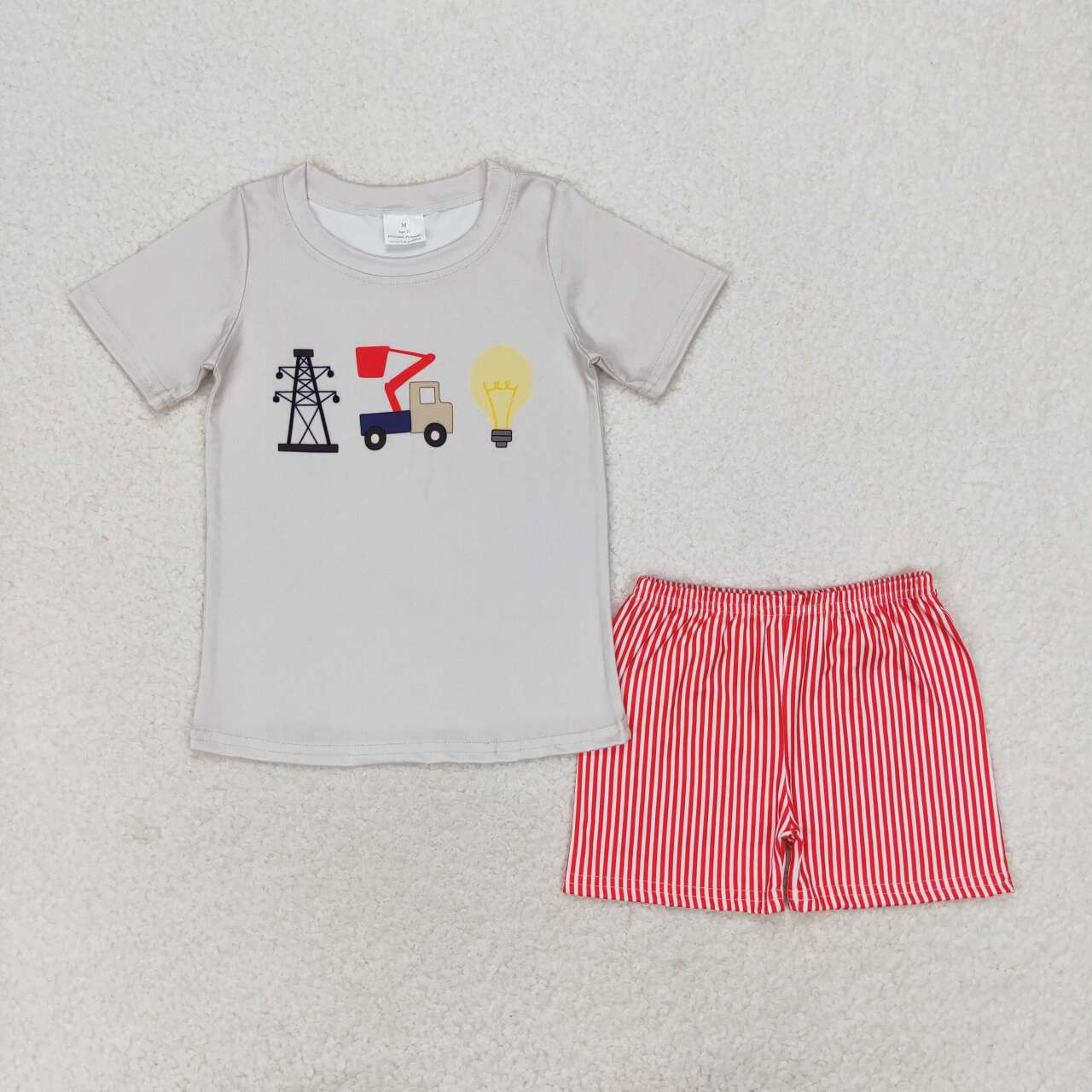 BSSO0632 Grid Light Bulb Short Sleeve Red Striped Shorts Suit
