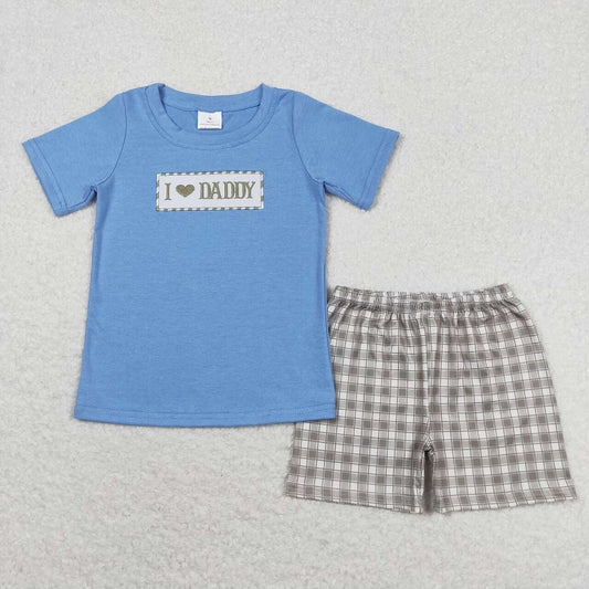 BSSO0640 I love daddy embroidered lettering blue short-sleeved green plaid shorts suit