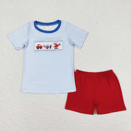 BSSO0649 Embroidery Car Plane Helicopter Blue Striped Short Sleeve Red Shorts Suit