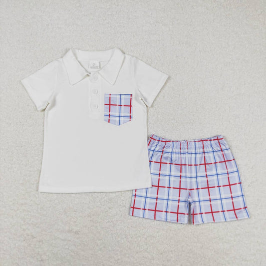BSSO0651 Blue Plaid Pocket White Short Sleeve Shorts Suit
