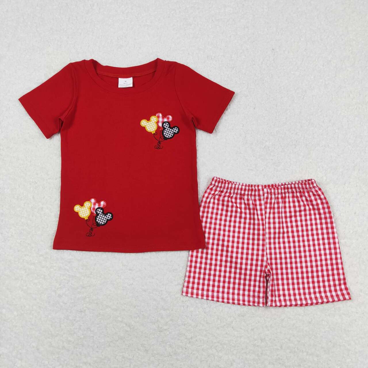 BSSO0652 Embroidered balloon red short-sleeved plaid shorts suit