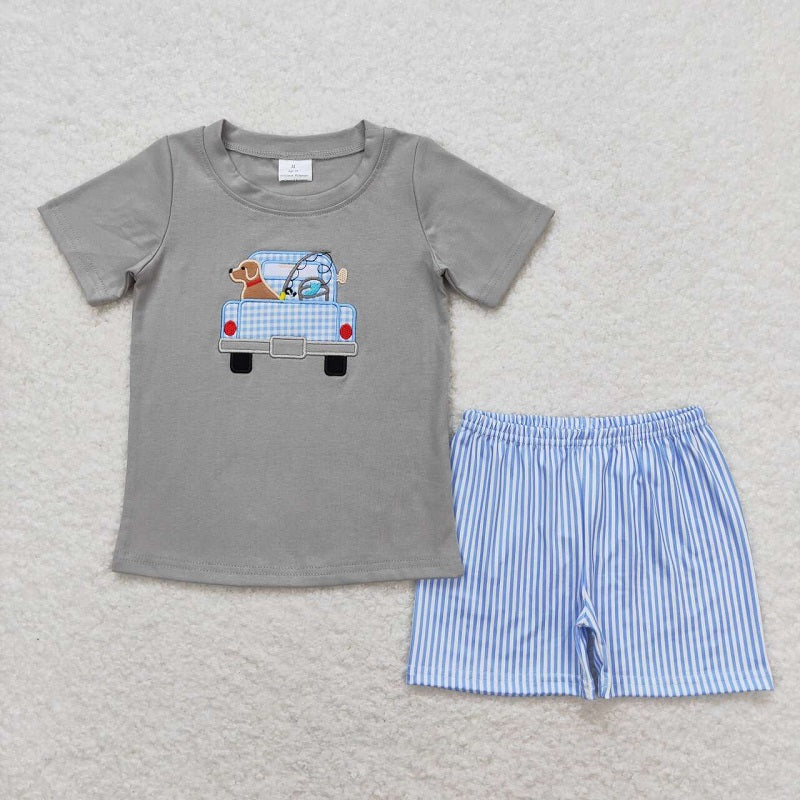 BSSO0664 Embroidery Fishing Puppy Truck Gray Short Sleeve Blue Striped Shorts Set