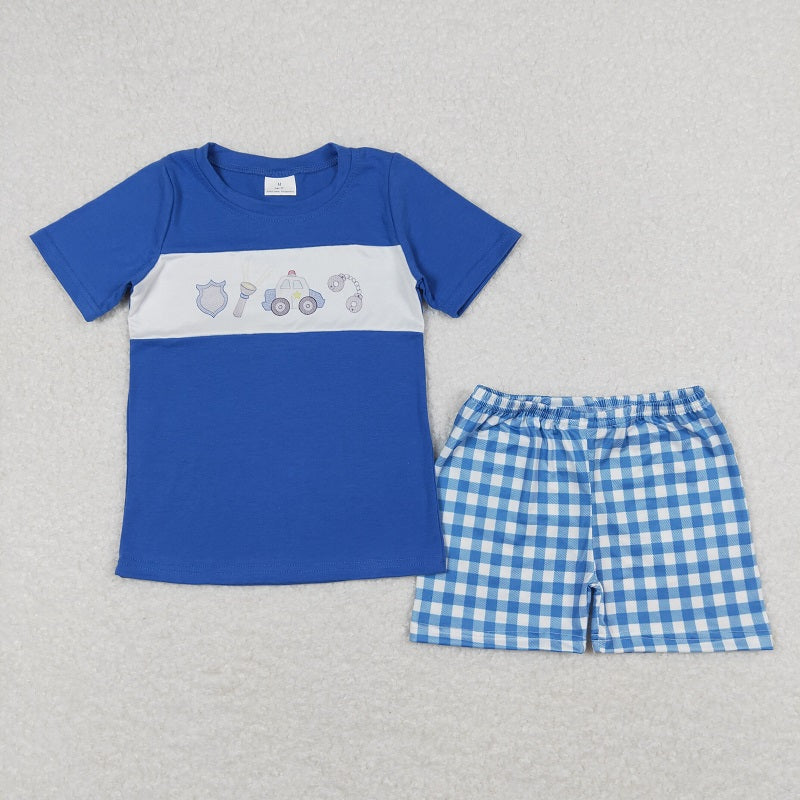 BSSO0665 Police Flashlight Blue Short Sleeve Plaid Shorts Suit  D 4.28