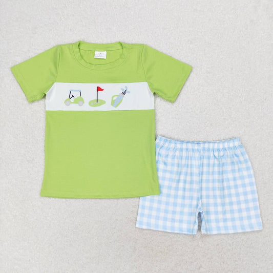 BSSO0667 Golf sightseeing car green short sleeve blue plaid shorts suit
