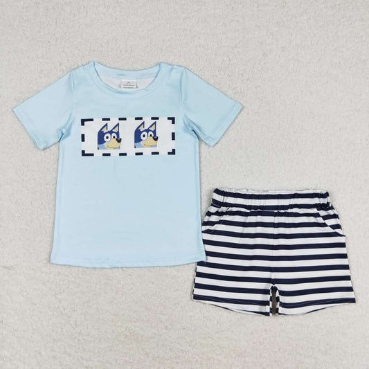 BSSO0682 Blue short-sleeved striped shorts suit