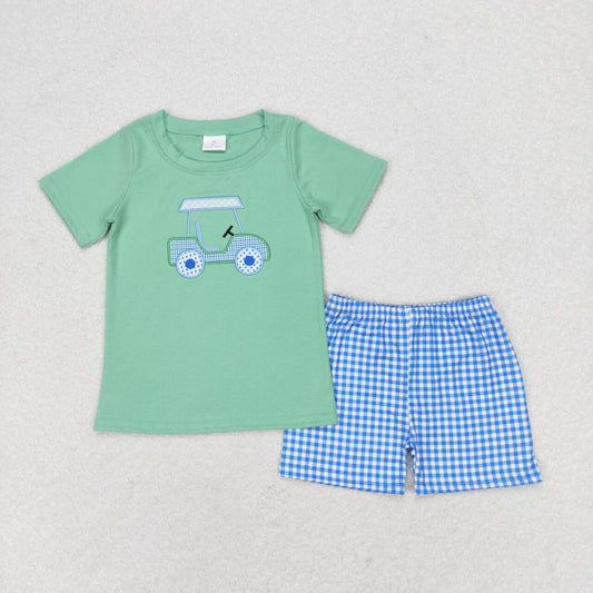BSSO0692 Embroidered sightseeing car blue and green short-sleeved plaid shorts suit