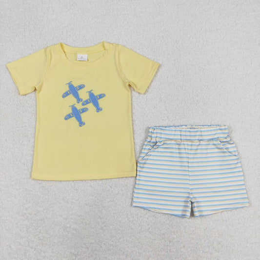 BSSO0696 Embroidered airplane yellow short-sleeved striped shorts suit D 5.6
