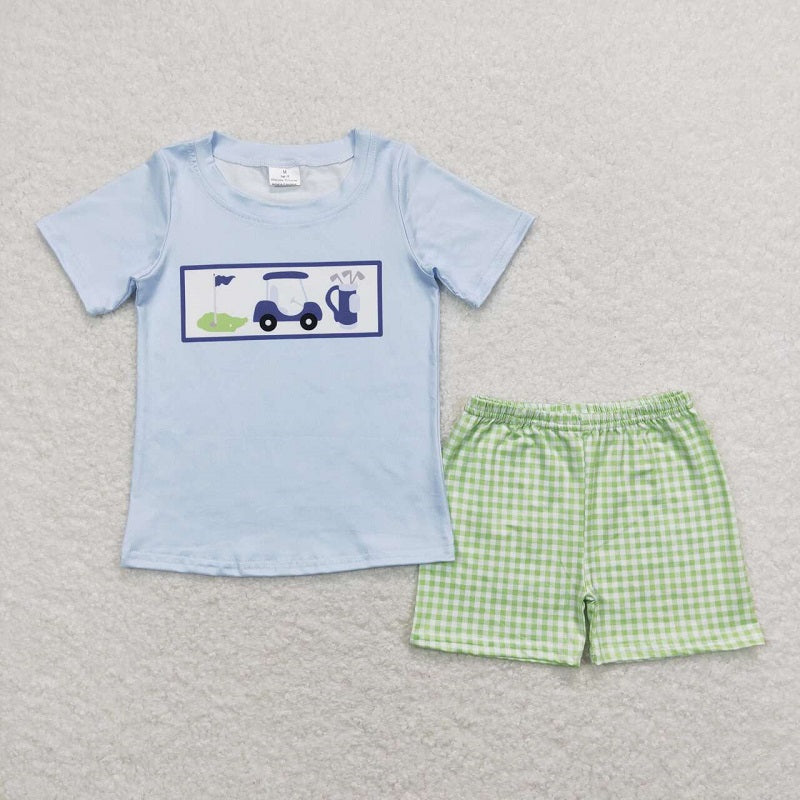 BSSO0697 Golf sightseeing car blue short-sleeved green plaid shorts suit