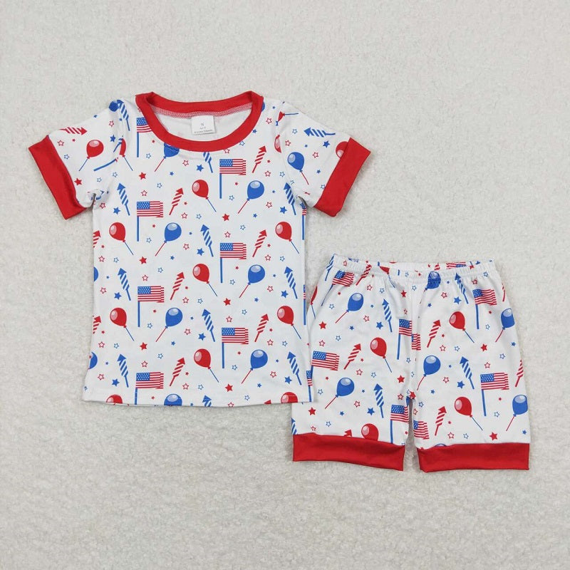 BSSO0707 Balloon Flag Firework Red and White Short Sleeve Shorts Pajamas Set